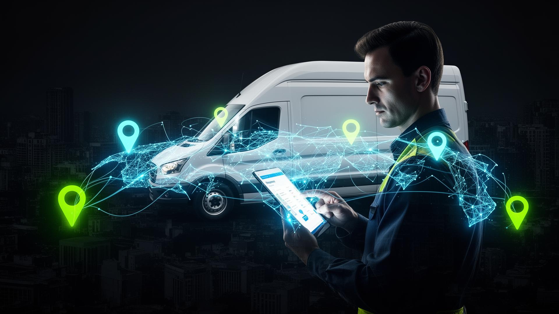 Cargo van operator reviewing OwnWorks opportunities on a tablet with a digital logistics network